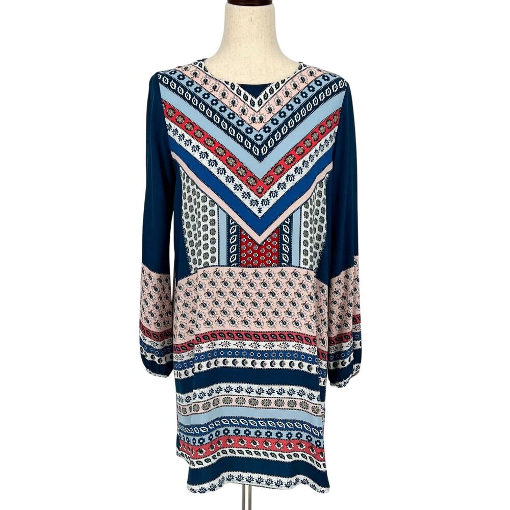 Express Womens Geometric Pattern Long Sleeve Tunic Dress Size S Navy Pink Boho